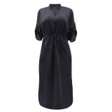 Black Women Half Sleeve Loose Waisted Casual Cargo Skirt Office Lady Maxi Dress