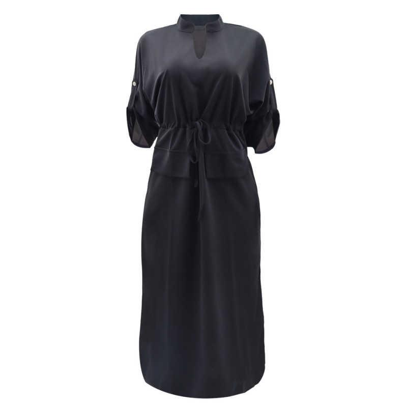 Black Women Half Sleeve Loose Waisted Casual Cargo Skirt Office Lady Maxi Dress