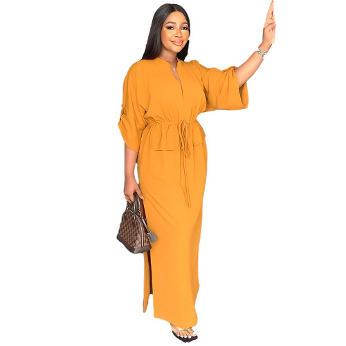 Yellow Women Half Sleeve Loose Waisted Casual Cargo Skirt Office Lady Maxi Dress