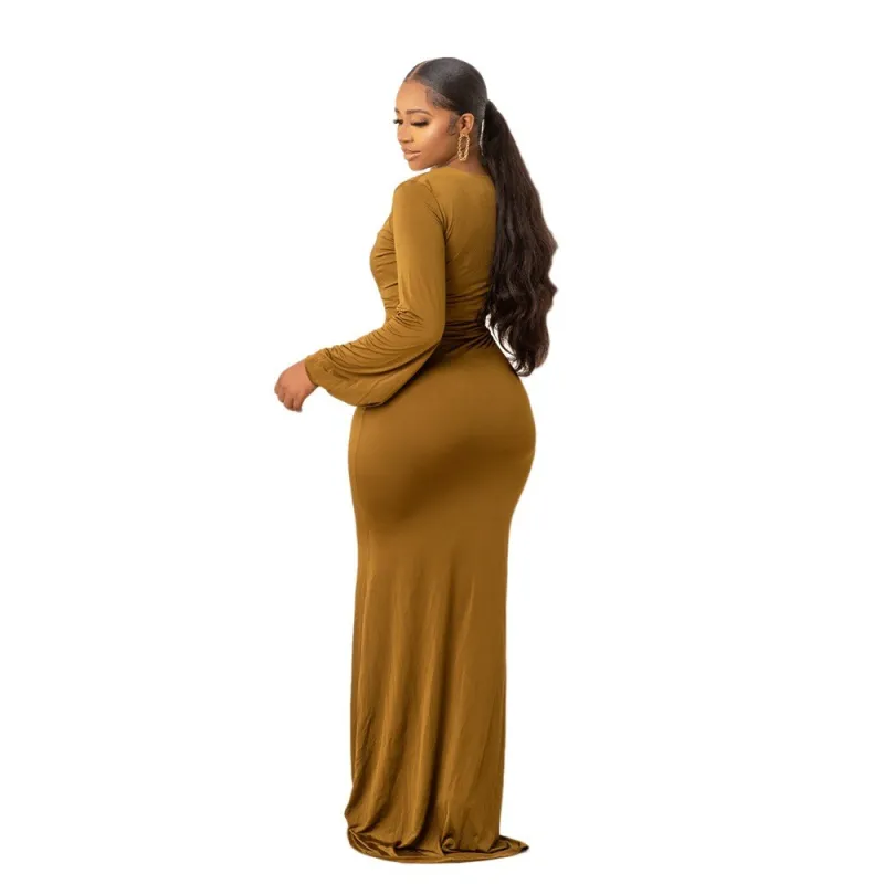 Black Long Sleeve Deep V Neck Pleated Evening Elegant High Slit Maxi Dress