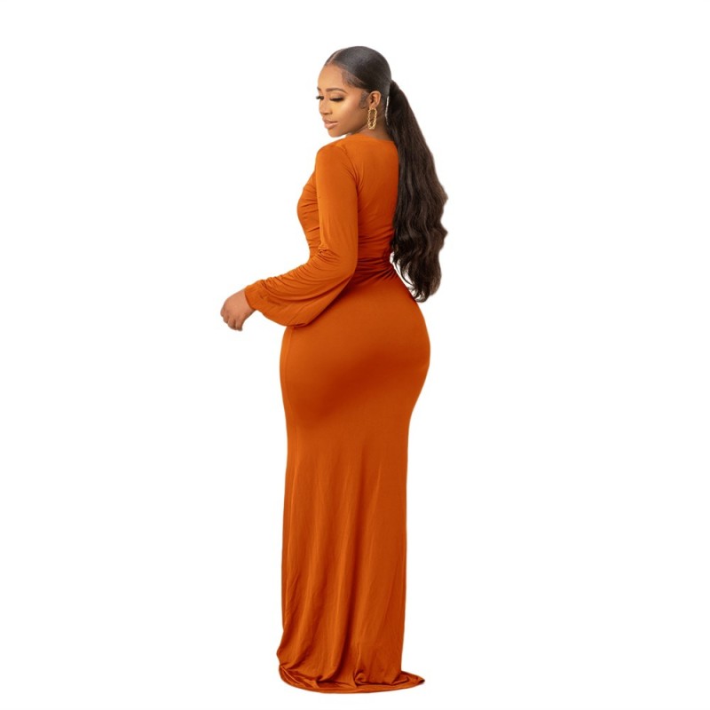 Orange Long Sleeve Deep V Neck Pleated Evening Elegant High Slit Maxi Dress