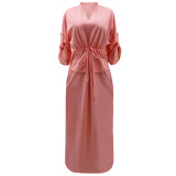 Pink Women Half Sleeve Loose Waisted Casual Cargo Skirt Office Lady Maxi Dress