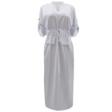 White Women Half Sleeve Loose Waisted Casual Cargo Skirt Office Lady Maxi Dress