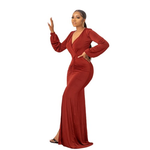 Red Long Sleeve Deep V Neck Pleated Evening Elegant High Slit Maxi Dress