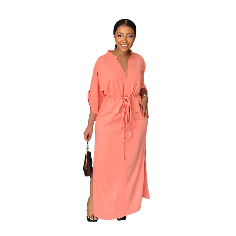 Pink Women Half Sleeve Loose Waisted Casual Cargo Skirt Office Lady Maxi Dress
