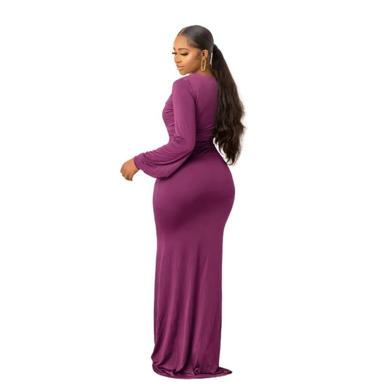 Purple Long Sleeve Deep V Neck Pleated Evening Elegant High Slit Maxi Dress