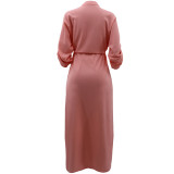 Pink Women Half Sleeve Loose Waisted Casual Cargo Skirt Office Lady Maxi Dress