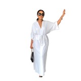 White Women Half Sleeve Loose Waisted Casual Cargo Skirt Office Lady Maxi Dress