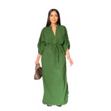 Green Women Half Sleeve Loose Waisted Casual Cargo Skirt Office Lady Maxi Dress 002