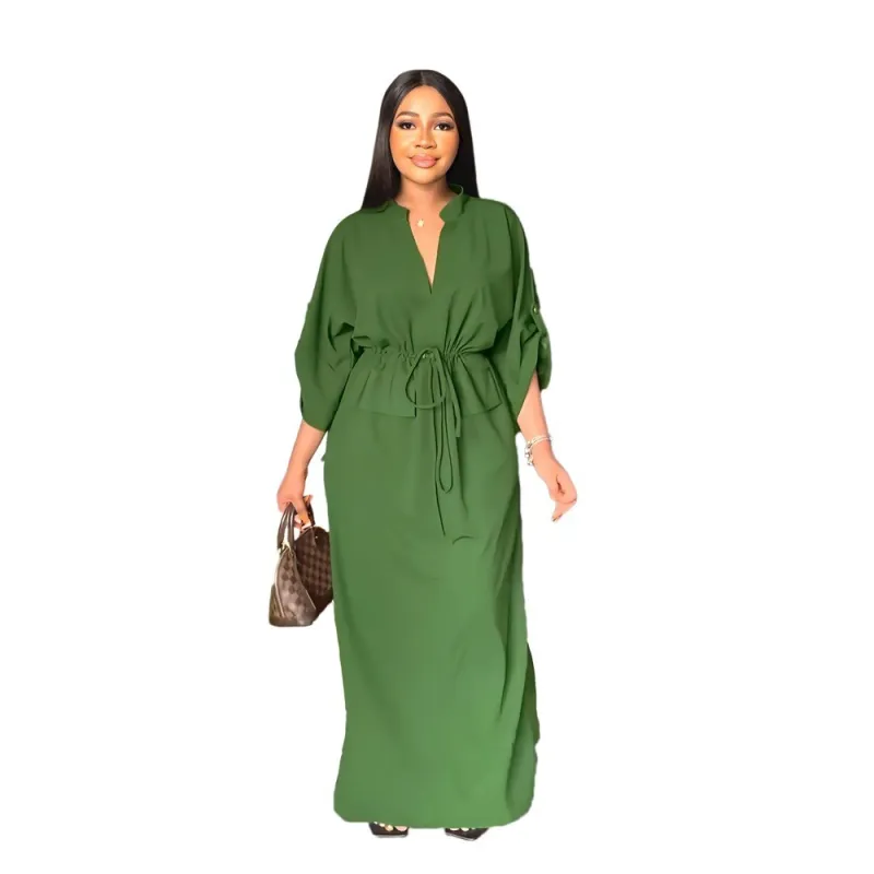Green Women Half Sleeve Loose Waisted Casual Cargo Skirt Office Lady Maxi Dress 002