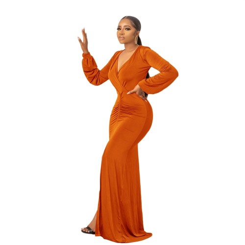 Orange Long Sleeve Deep V Neck Pleated Evening Elegant High Slit Maxi Dress