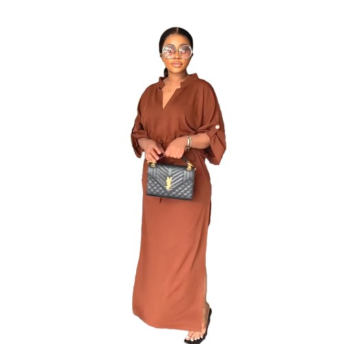 Coffee Women Half Sleeve Loose Waisted Casual Cargo Skirt Office Lady Maxi Dress