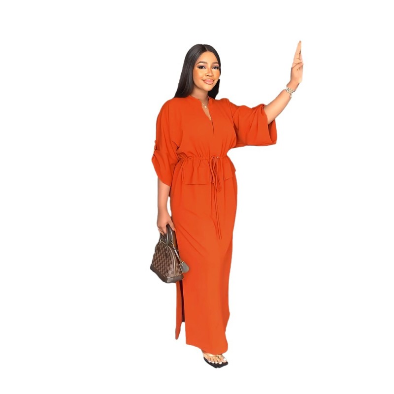 Orange Women Half Sleeve Loose Waisted Casual Cargo Skirt Office Lady Maxi Dress