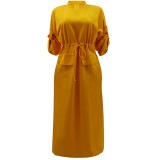 Yellow Women Half Sleeve Loose Waisted Casual Cargo Skirt Office Lady Maxi Dress