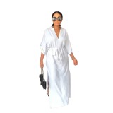 White Women Half Sleeve Loose Waisted Casual Cargo Skirt Office Lady Maxi Dress