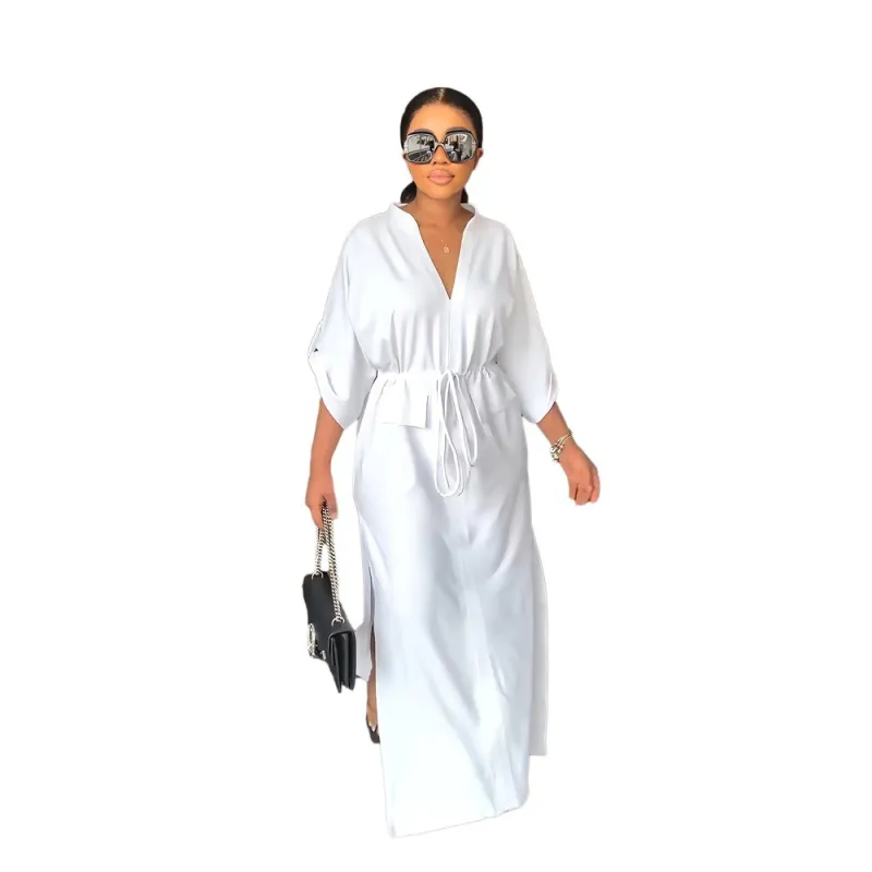 White Women Half Sleeve Loose Waisted Casual Cargo Skirt Office Lady Maxi Dress