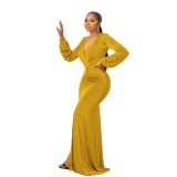 Yellow Long Sleeve Deep V Neck Pleated Evening Elegant High Slit Maxi Dress