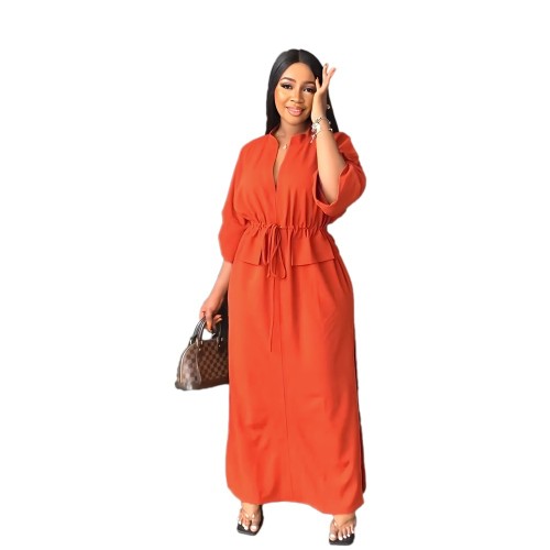 Orange Women Half Sleeve Loose Waisted Casual Cargo Skirt Office Lady Maxi Dress