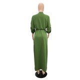 Green Women Half Sleeve Loose Waisted Casual Cargo Skirt Office Lady Maxi Dress 002