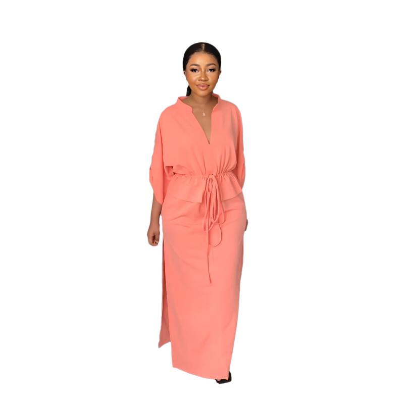 Pink Women Half Sleeve Loose Waisted Casual Cargo Skirt Office Lady Maxi Dress