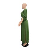 Green Women Half Sleeve Loose Waisted Casual Cargo Skirt Office Lady Maxi Dress 002