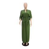 Green Women Half Sleeve Loose Waisted Casual Cargo Skirt Office Lady Maxi Dress 002
