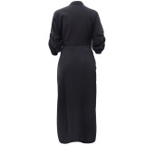 Black Women Half Sleeve Loose Waisted Casual Cargo Skirt Office Lady Maxi Dress