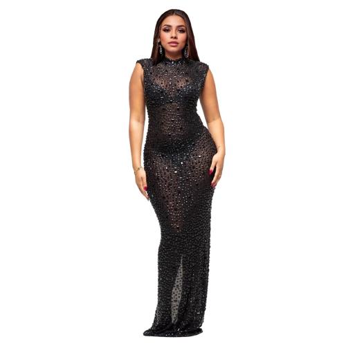 Black Luxury Diamonds Mesh See Through Bodycon Evening Maxi Dress