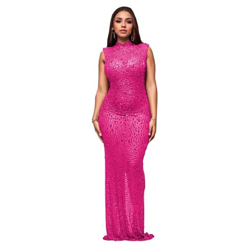Rose Red Luxury Diamonds Mesh See Through Bodycon Evening Maxi Dress