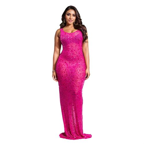Rose Red Luxury Diamonds Mesh See Through Bodycon Straps Evening Maxi Dress