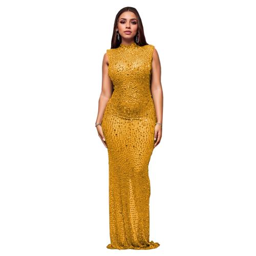 Gold Luxury Diamonds Mesh See Through Bodycon Evening Maxi Dress