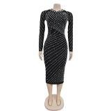 Black Mesh Long Sleeve Diamonds Pearls Elegant Office Lady Midi Dress