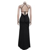 Black Straps Deep V Neck Backless Lace Up Elegant Evening Party Gowns Long Dress