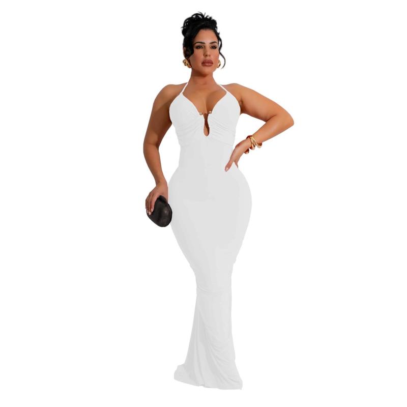 White Straps Deep V Neck Backless Lace Up Elegant Evening Party Gowns Long Dress