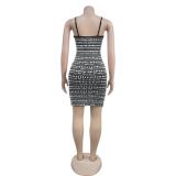Black Straps Diamonds Halter Striped Mesh Bodycon Party Club Dress