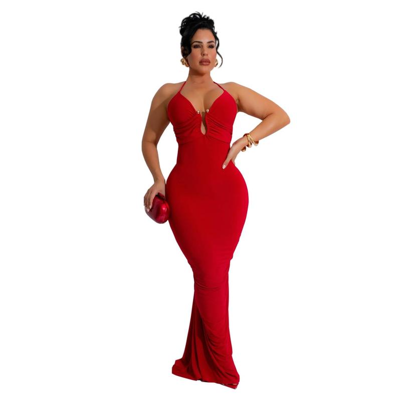 Red Straps Deep V Neck Backless Lace Up Elegant Evening Party Gowns Long Dress