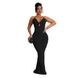 Black Straps Deep V Neck Backless Lace Up Elegant Evening Party Gowns Long Dress