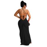 Black Straps Deep V Neck Backless Lace Up Elegant Evening Party Gowns Long Dress