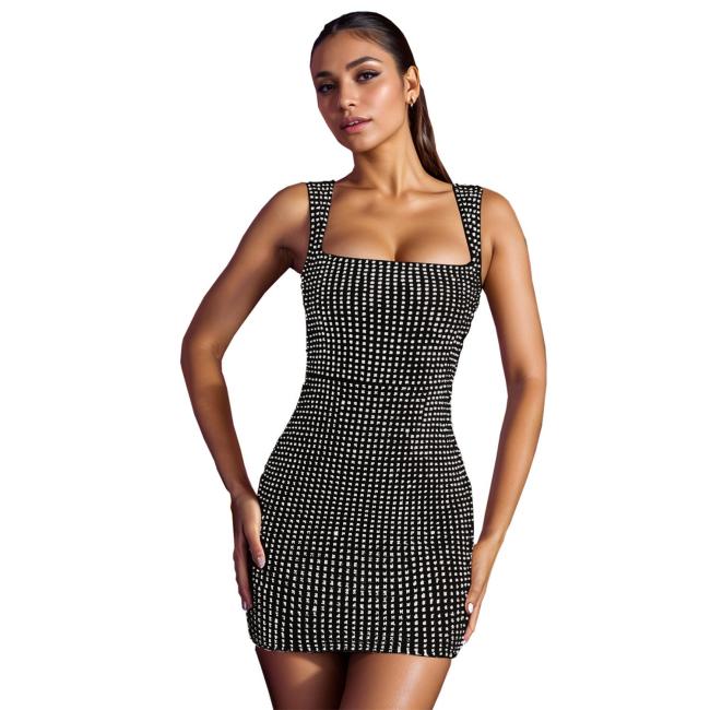Black Straps Diamonds Women Office Dress Bodycon Evening Party Mini Dress