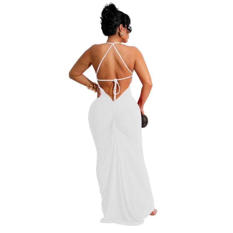 White Straps Deep V Neck Backless Lace Up Elegant Evening Party Gowns Long Dress