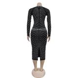 Black Mesh Long Sleeve Diamonds Pearls Elegant Office Lady Midi Dress