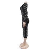 Black Mesh Long Sleeve Diamonds Pearls Elegant Office Lady Midi Dress