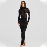 Black Lace Long Sleeve Rompers Hollow Out See Through Two Pieces Club Skirt Dress