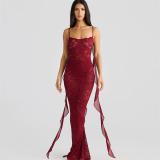 Red Straps Lace Hollow Out Sexy See Through Evening Prom Maxi Dress