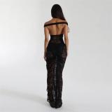 Black Lace Hollow Out Rompers Sexy Two Pieces Slit Long Skirt Dress Set