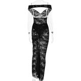 Black Lace Hollow Out Rompers Sexy Two Pieces Slit Long Skirt Dress Set