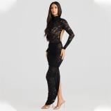 Black Lace Long Sleeve Rompers Hollow Out See Through Two Pieces Club Skirt Dress