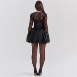Black Lace Long Sleeve Shawl Off Shoulder Hollow Out Sexy Skirt Dress