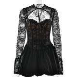 Black Lace Long Sleeve Shawl Off Shoulder Hollow Out Sexy Skirt Dress