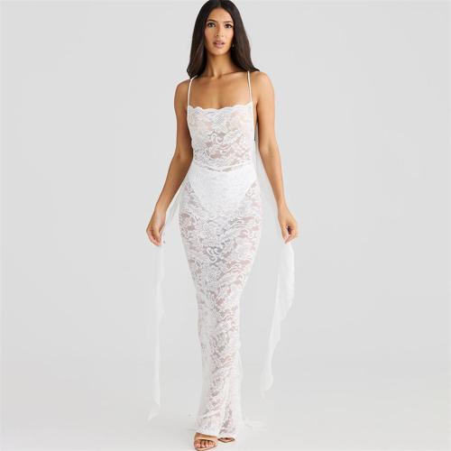 White Straps Lace Hollow Out Sexy See Through Evening Prom Maxi Dress